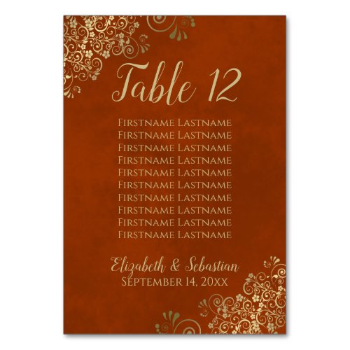 Gold Lace Chic Rust Orange Wedding Seating Chart Table Number
