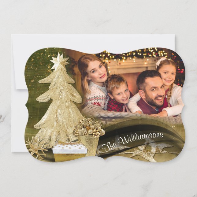 Gold Lace Christmas Tree Christmas Photo Fancy Cut Holiday Card (Front)