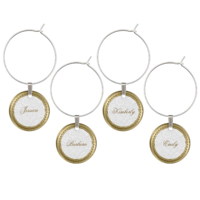 Gold Lace Circle Frame Monogram Wine Charm (Staggered)