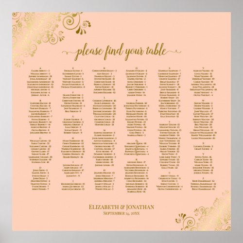 Gold Lace Coral Peach Alphabetical Seating Chart
