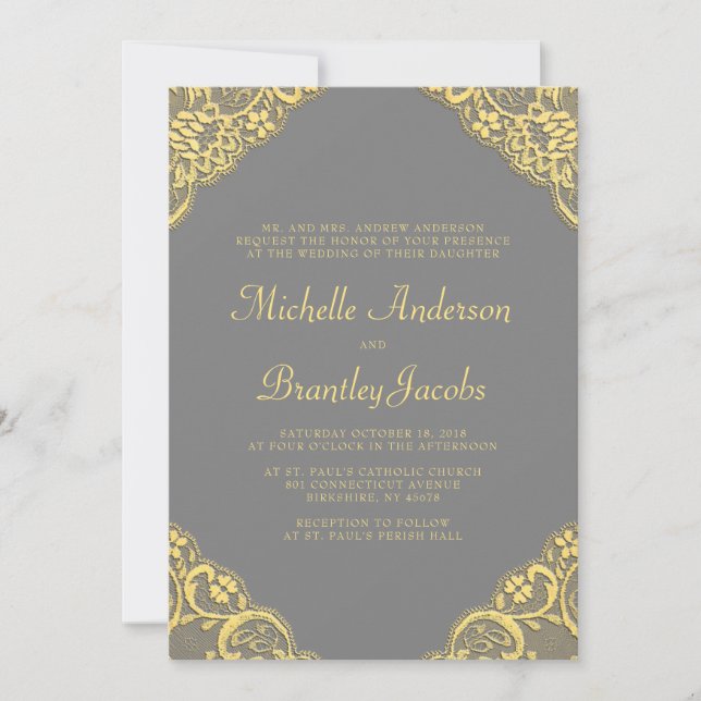 Gold Lace Corners Elegant Wedding Invitation Gray (Front)