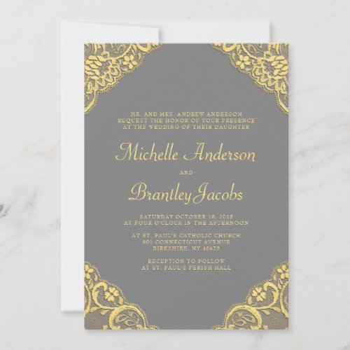 Gold Lace Corners Elegant Wedding Invitation Gray