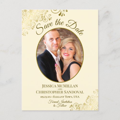 Gold Lace  Cream Wedding Save the Date Oval Photo Announcement Postcard