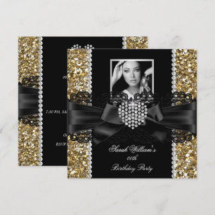 Gold Lace Diamond Heart Photo Birthday Party Invitation