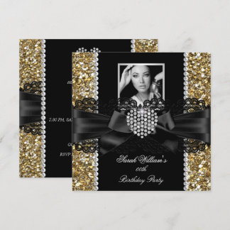 Gold Lace Diamond Heart Photo Birthday Party Invitation