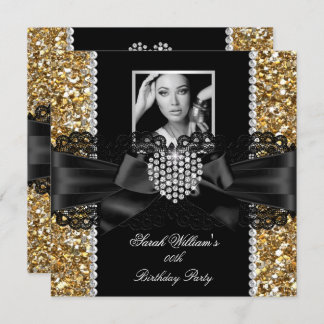 Gold Lace Diamond Heart Photo Birthday Party Invitation