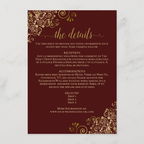 Gold Lace Elegant Auburn Brown Wedding Details Enclosure Card