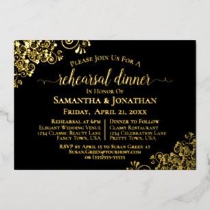 Gold Lace Elegant Black Wedding Rehearsal Dinner Foil Invitation