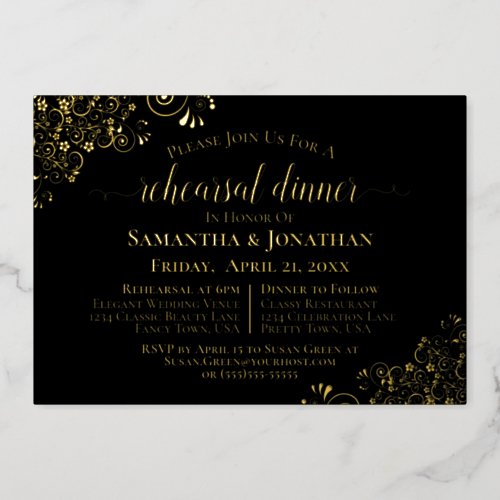 Gold Lace Elegant Black Wedding Rehearsal Dinner Foil Invitation