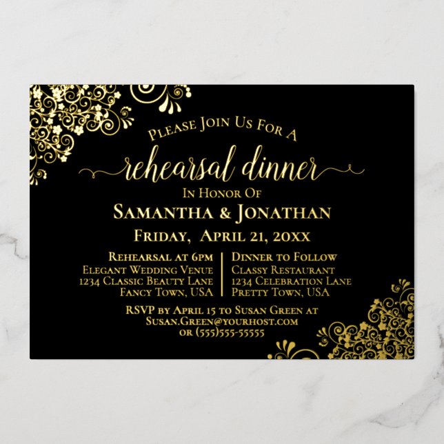 Gold Lace Elegant Black Wedding Rehearsal Dinner Foil Invitation (Front)