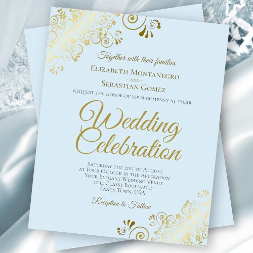 Gold Lace Elegant Blue BUDGET Wedding Invitation