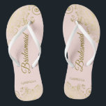 Gold Lace Elegant Blush Pink Bridesmaid Wedding Flip Flops<br><div class="desc">These elegant wedding flip flops are a great way to thank and recognize your bridesmaids, while giving their feet a rest after a long day. The beautiful design features an elegant design with golden lace frills on a pale blush pink colored background and fancy gold colored script lettering. The text...</div>