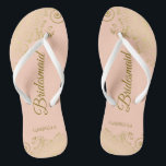 Gold Lace Elegant Coral Peach Bridesmaid Wedding Flip Flops<br><div class="desc">These elegant wedding flip flops are a great way to thank and recognize your bridesmaids, while giving their feet a rest after a long day. The beautiful design features an elegant design with golden lace frills on a pale orange or coral peach colored background and fancy gold colored script lettering....</div>