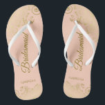 Gold Lace Elegant Coral Peach Bridesmaid Wedding Flip Flops<br><div class="desc">These elegant wedding flip flops are a great way to thank and recognize your bridesmaids, while giving their feet a rest after a long day. The beautiful design features an elegant design with golden lace frills on a pale orange or coral peach colored background and fancy gold colored script lettering....</div>