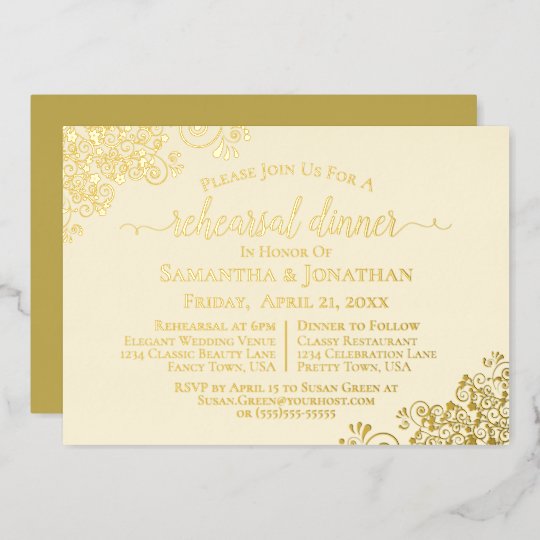 Gold Lace Elegant Cream Wedding Rehearsal Dinner Foil Invitation ...