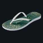 Gold Lace Elegant Emerald Green Bridesmaid Wedding Flip Flops<br><div class="desc">These elegant wedding flip flops are a great way to thank and recognize your bridesmaids, while giving their feet a rest after a long day. The beautiful design features an elegant design with golden lace frills on an emerald green background and fancy gold colored script lettering. The text reads Bridesmaid...</div>