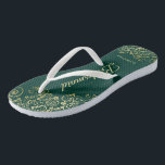 Gold Lace Elegant Emerald Green Bridesmaid Wedding Flip Flops<br><div class="desc">These elegant wedding flip flops are a great way to thank and recognize your bridesmaids, while giving their feet a rest after a long day. The beautiful design features an elegant design with golden lace frills on an emerald green background and fancy gold colored script lettering. The text reads Bridesmaid...</div>