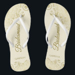 Gold Lace Elegant Ivory Cream Bridesmaid Wedding Flip Flops<br><div class="desc">These elegant wedding flip flops are a great way to thank and recognize your bridesmaids, while giving their feet a rest after a long day. The beautiful design features an elegant design with golden lace frills on an ivory or cream colored background and fancy gold colored script lettering. The text...</div>