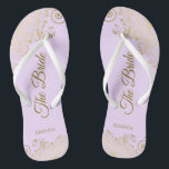 Gold Lace Elegant Lilac Purple Bridesmaid Wedding Flip Flops<br><div class="desc">These elegant wedding flip flops are a great way to thank and recognize your bridesmaids, while giving their feet a rest after a long day. The beautiful design features an elegant design with golden lace frills on a pale purple, lavender, or lilac colored background and fancy gold colored script lettering....</div>