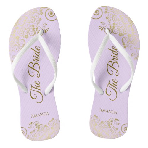 Gold Lace Elegant Lilac Purple Bridesmaid Wedding Flip Flops