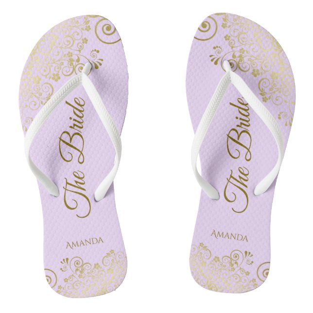 Gold Lace Elegant Lilac Purple Bridesmaid Wedding Flip Flops (Footbed)