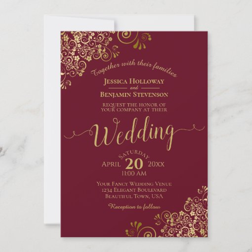 Gold Lace Elegant Maroon Burgundy Wedding Invitation | Zazzle