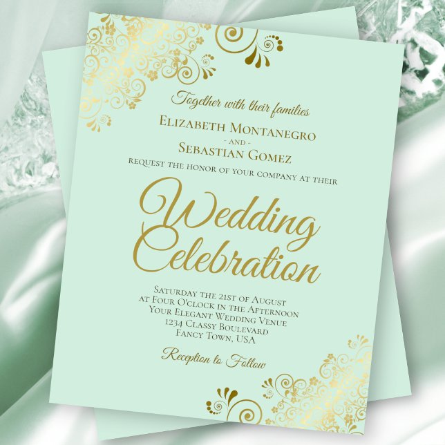 Gold Lace Elegant Mint BUDGET Wedding Invitation (Creator Uploaded)