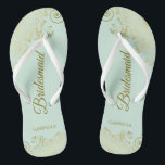 Gold Lace Elegant Mint Green Bridesmaid Wedding Flip Flops<br><div class="desc">These elegant wedding flip flops are a great way to thank and recognize your bridesmaids, while giving their feet a rest after a long day. The beautiful design features an elegant design with golden lace frills on a pale neo mint green colored background and fancy gold colored script lettering. The...</div>