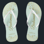 Gold Lace Elegant Mint Green Bridesmaid Wedding Flip Flops<br><div class="desc">These elegant wedding flip flops are a great way to thank and recognize your bridesmaids, while giving their feet a rest after a long day. The beautiful design features an elegant design with golden lace frills on a pale neo mint green colored background and fancy gold colored script lettering. The...</div>