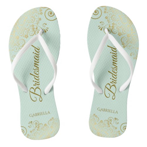 Gold Lace Elegant Mint Green Bridesmaid Wedding Flip Flops