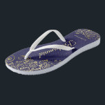 Gold Lace Elegant Navy Blue Bridesmaid Wedding Flip Flops<br><div class="desc">These elegant wedding flip flops are a great way to thank and recognize your bridesmaids, while giving their feet a rest after a long day. The beautiful design features an elegant design with golden lace frills on a navy blue background and fancy gold colored script lettering. The text reads Bridesmaid...</div>