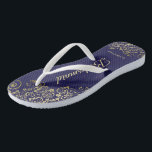 Gold Lace Elegant Navy Blue Bridesmaid Wedding Flip Flops<br><div class="desc">These elegant wedding flip flops are a great way to thank and recognize your bridesmaids, while giving their feet a rest after a long day. The beautiful design features an elegant design with golden lace frills on a navy blue background and fancy gold colored script lettering. The text reads Bridesmaid...</div>