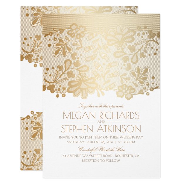 Gold Lace Elegant Vintage White Wedding Invitation