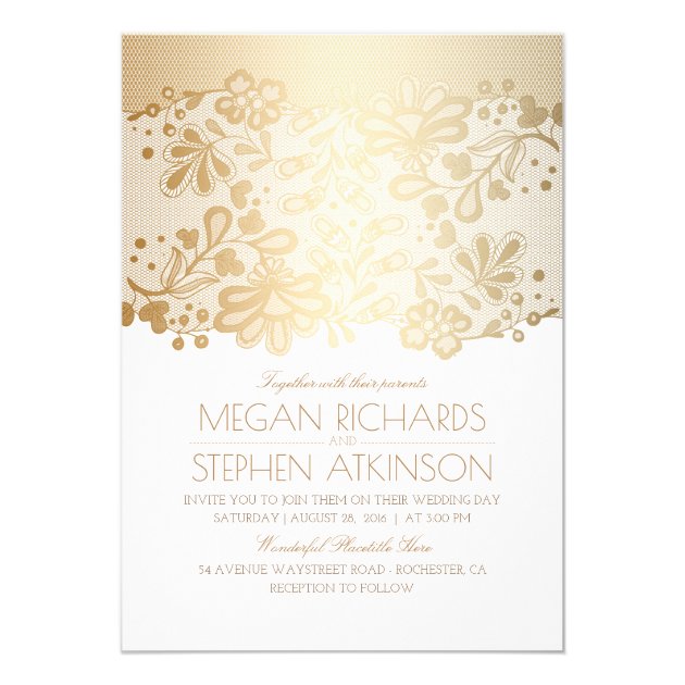 Gold Lace Elegant Vintage White Wedding Invitation