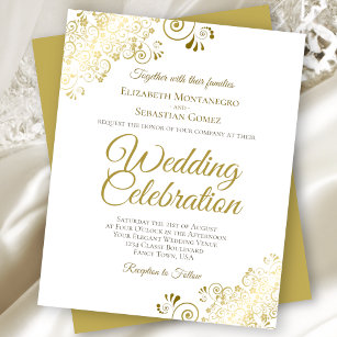 Gold Lace Elegant White BUDGET Wedding Invitation