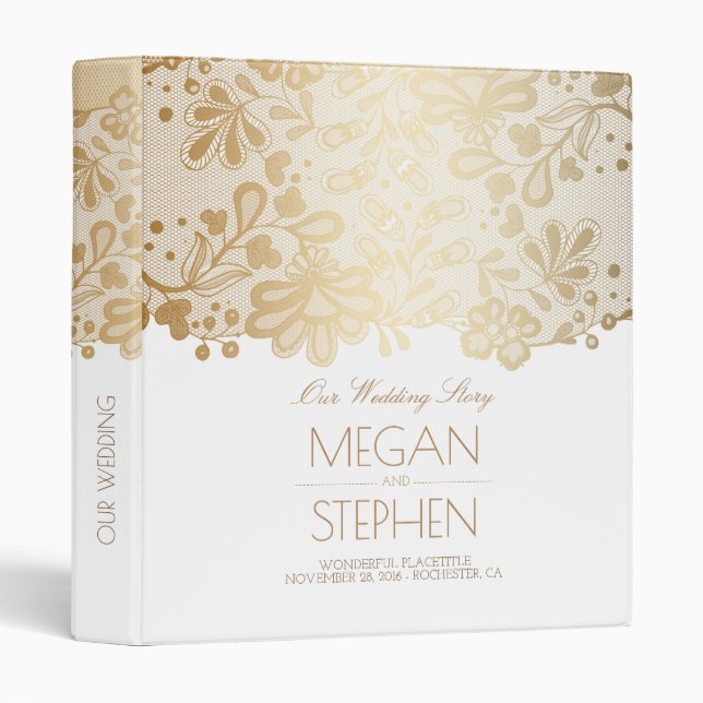 Gold Lace Elegant White Wedding Binder (Front/Spine)