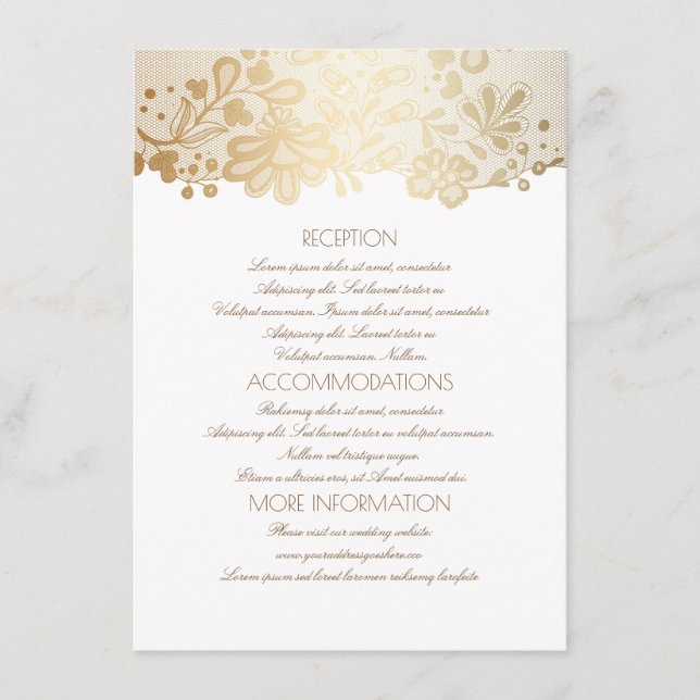 Gold Lace Elegant White Wedding Information Enclosure Card (Front)