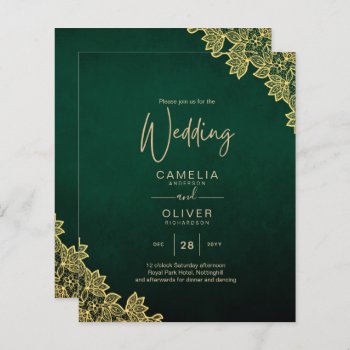 Gold Lace Emerald Green All-in-1 Wedding Invite QR