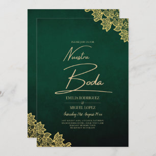 Gold Lace Emerald Green All-in-1 Wedding Invite QR