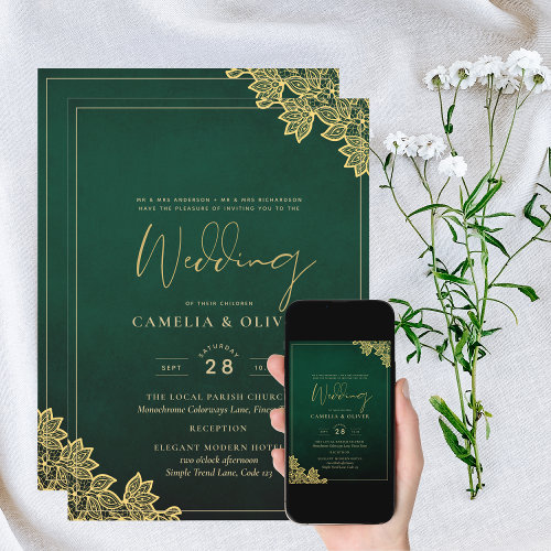Gold Lace Emerald Green All-in-1 Wedding Invite QR