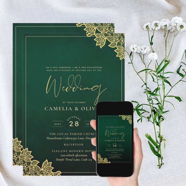 Gold Lace Emerald Green All-in-1 Wedding Invite QR (Creator Uploaded)