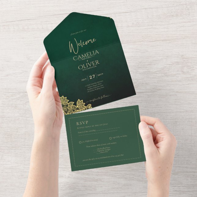 Gold Lace Emerald Green All-in-1 Wedding Invite QR (Tearaway)