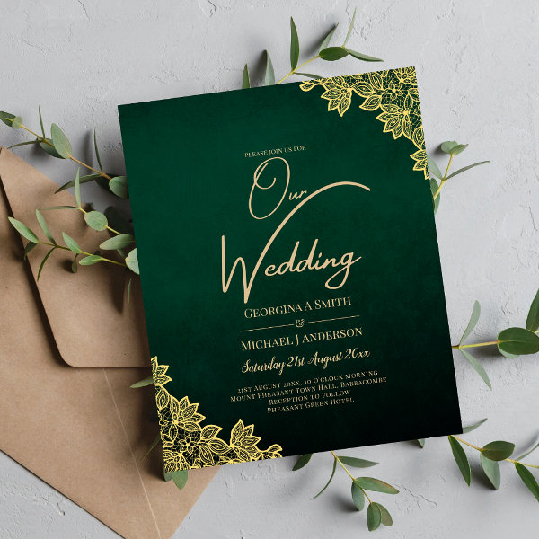 Gold Lace Emerald Green All-in-1 Wedding Invite QR Flyer