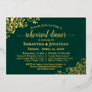 Gold Lace Emerald Green Wedding Rehearsal Dinner Foil Invitation