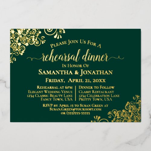 Gold Lace Emerald Green Wedding Rehearsal Dinner