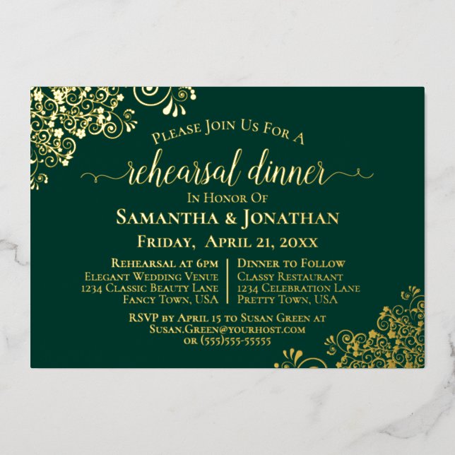 Gold Lace Emerald Green Wedding Rehearsal Dinner Foil Invitation (Front)