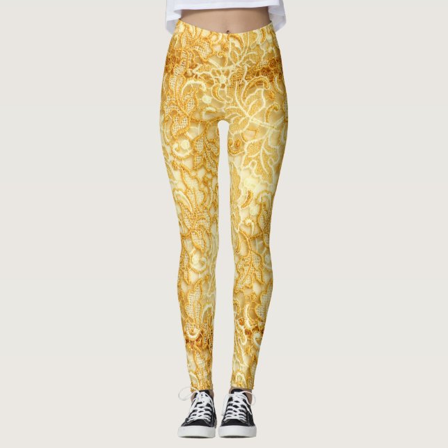 Gold lace fabric detail, cloth. leggings (Front)