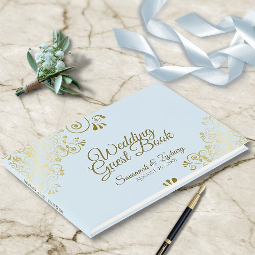 Gold Lace Filigree on Powder Blue Elegant Wedding Guest Book