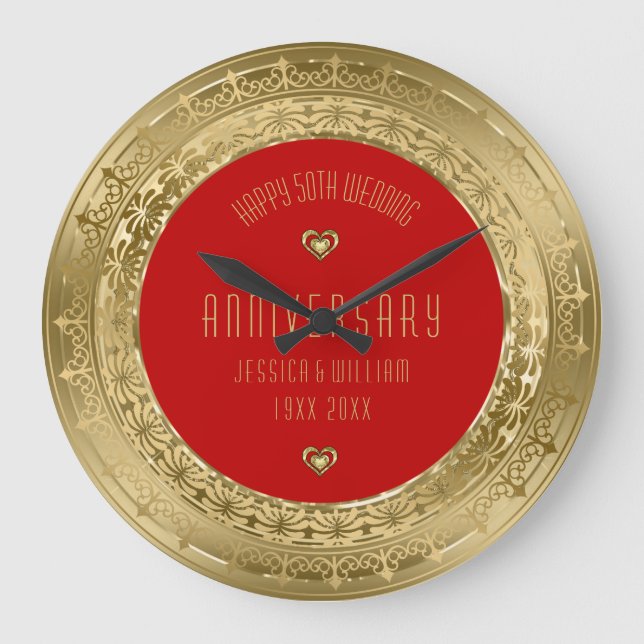 Gold Lace Frame 50th Wedding Anniversary Large Clock (Front)