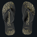 Gold Lace Frills Elegant Black Bridesmaid Wedding Flip Flops<br><div class="desc">These elegant wedding flip flops are a great way to thank and recognize your bridesmaids, while giving their feet a rest after a long day. The beautiful design features an elegant design with golden lace frills on a classic black background and fancy gold colored script lettering. The text reads Bridesmaid...</div>